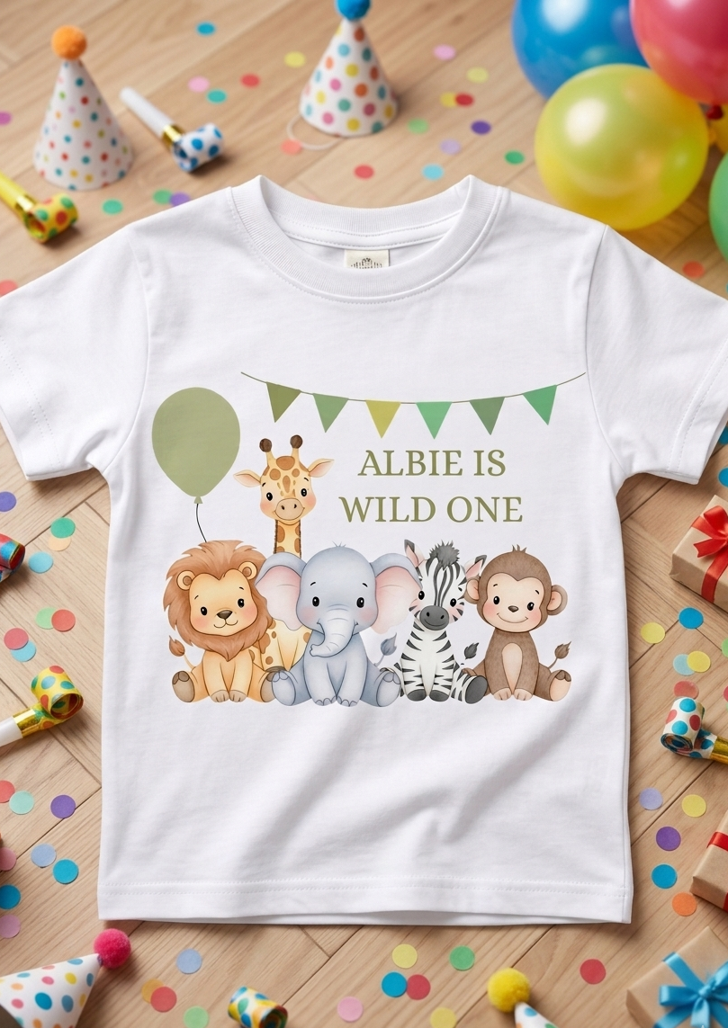 Personalised boys Safari Animal Birthday T-Shirt, Custom Party Outfit, One Two Three