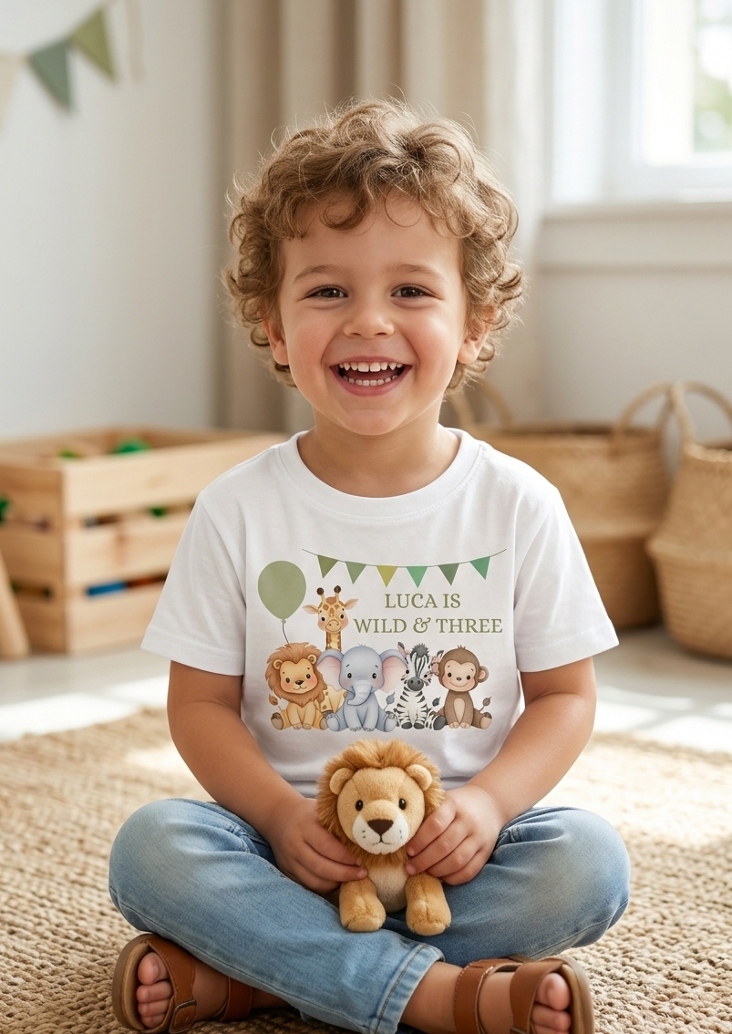 Personalised boys Safari Animal Birthday T-Shirt, Custom Party Outfit, One Two Three