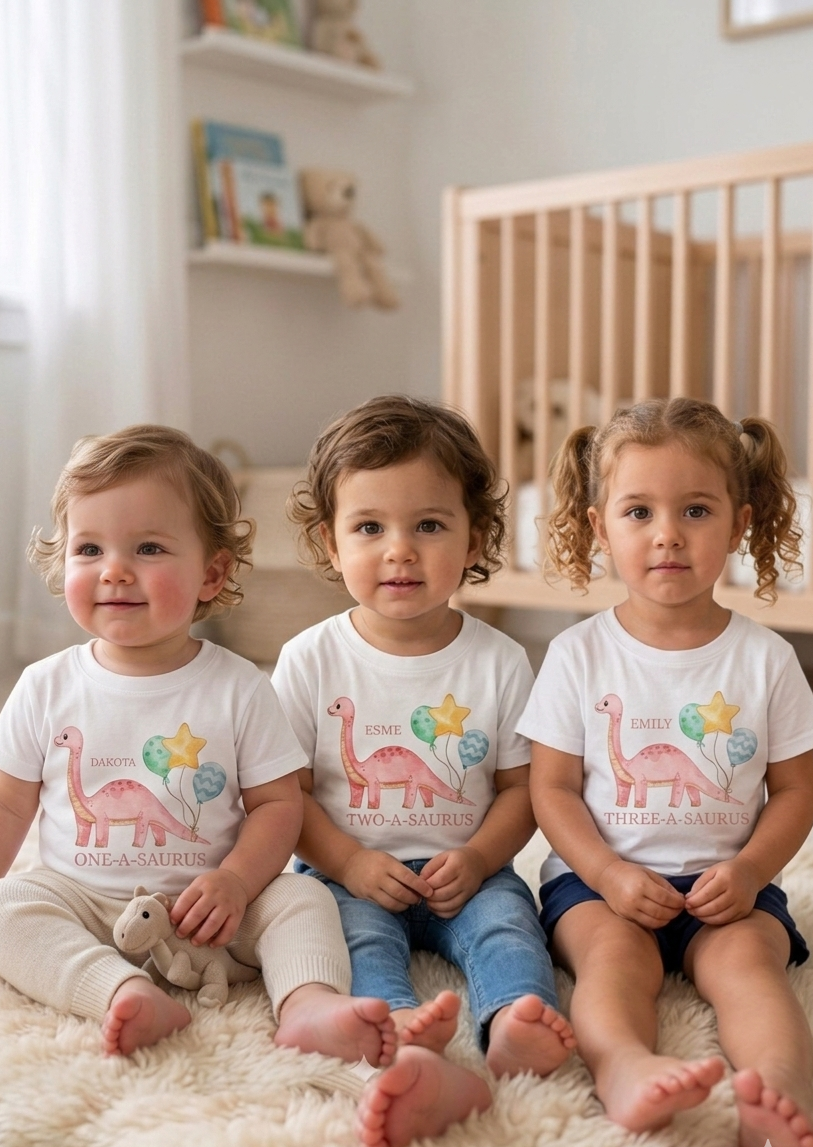 Personalised Girls Dinosaur Birthday T-Shirt, Custom Party Outfit, One Two Three