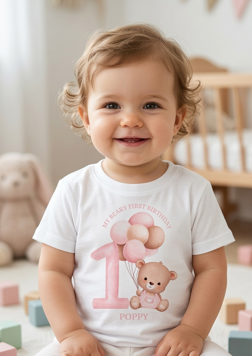 Girls Beary First Birthday T-shirt, Teddy Bear Balloons Birthday Outfit