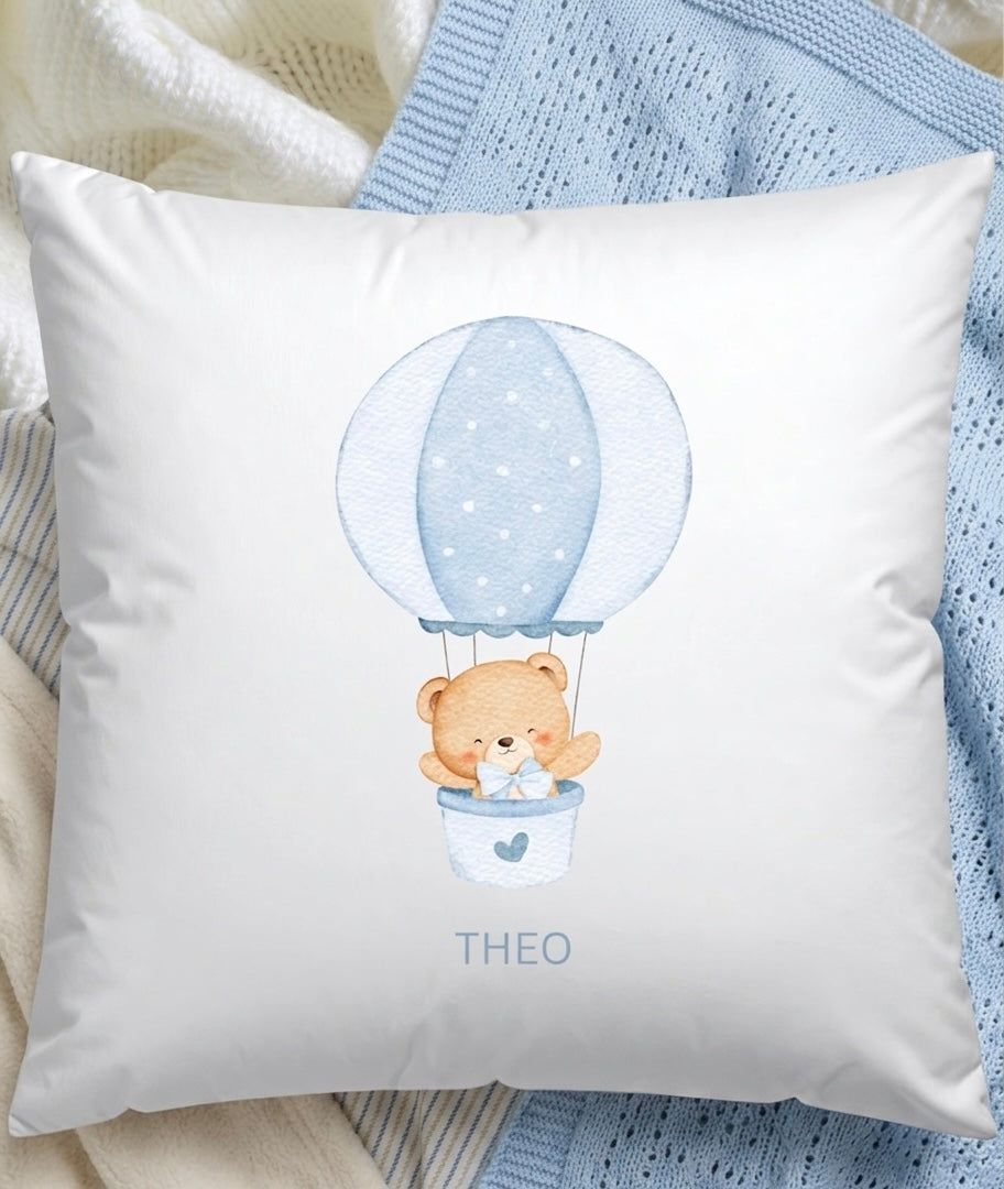 Personalised Girls Boys Name Hot Air balloon Bear Cushion, Nursery Decor pink girls Blue Boys