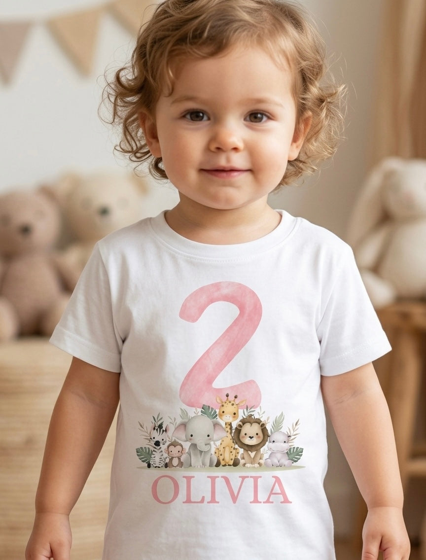 Girls Personalised Safari Birthday T-Shirt, 1st, 2nd and 3rd Name Toddler Birthday outfit