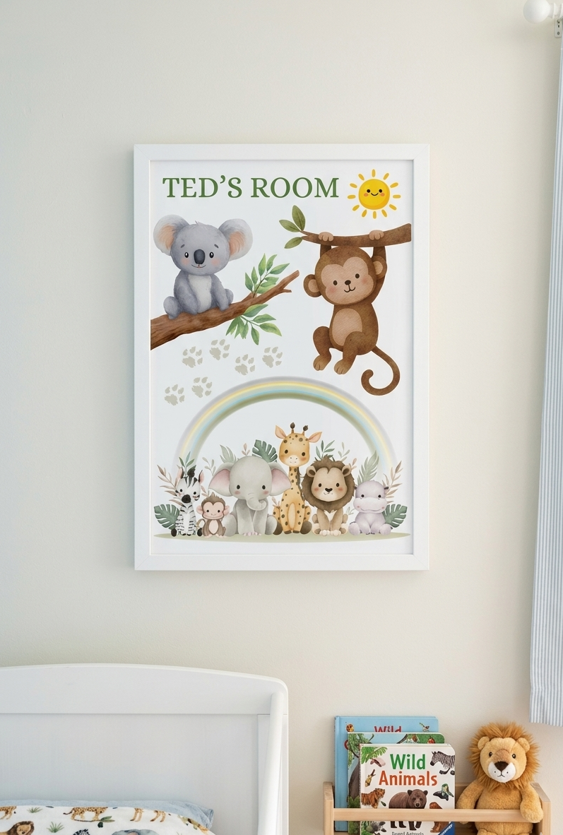 Personalised Boys Name Bedroom Print, Safari animal Custom Name Wall Art