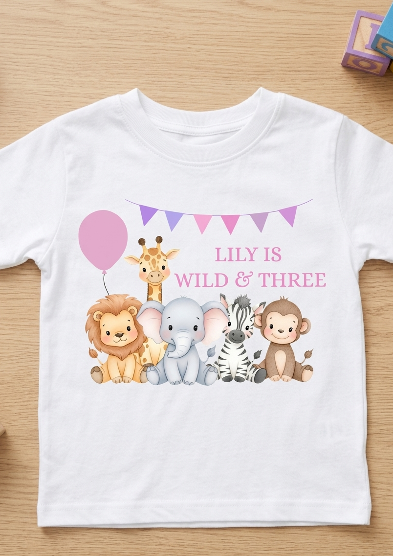 Personalised Girls Safari Animal Birthday T-Shirt, Custom Party Outfit, One Two Three