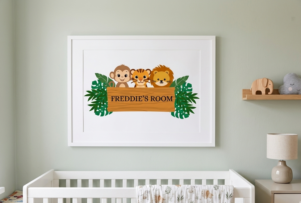 Personalised Boys Safari Name Print, Custom Aluminum Bedroom Name Wallart