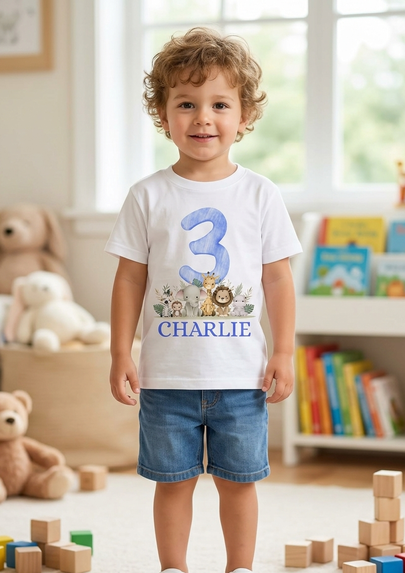 Personalised Boys 1st, 2nd, 3rd Safari Birthday T-Shirt, Custom Name Toddler Birthday Outfit