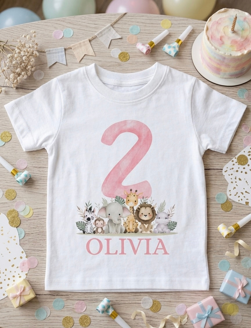 Girls Personalised Safari Birthday T-Shirt, 1st, 2nd and 3rd Name Toddler Birthday outfit