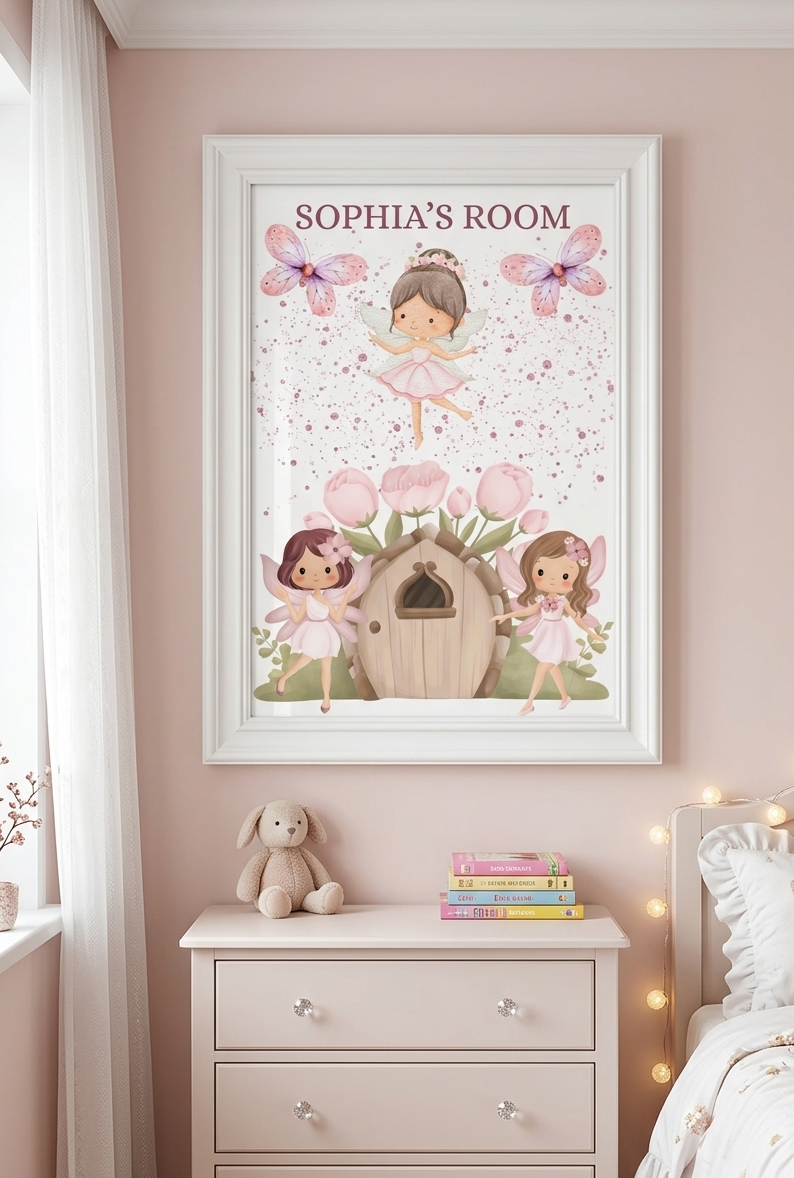 Personalised Girls Name Bedroom Print, Fairy Custom Name Wall Art