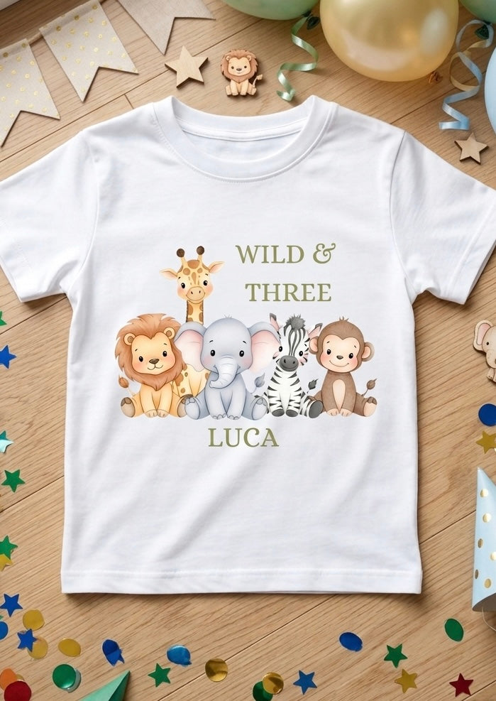 Personalised boys Safari Animal Birthday T-Shirt, Custom Birthday Party Outfit, One Two Three
