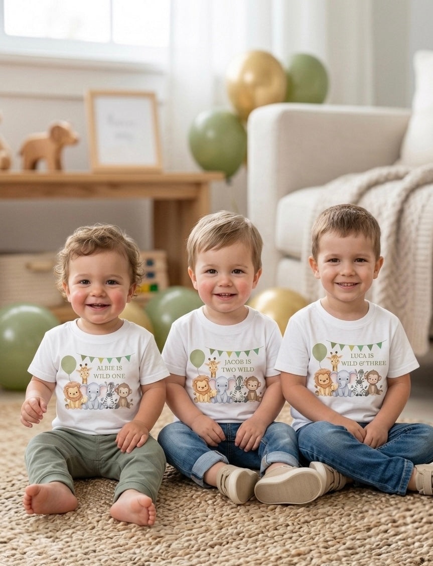 Personalised boys Safari Animal Birthday T-Shirt, Custom Party Outfit, One Two Three
