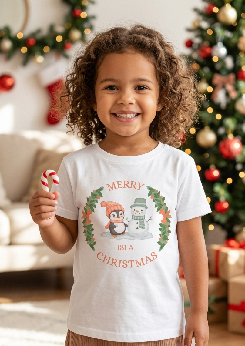 Personalised Girls Christmas T-Shirt, Custom Name Christmas Outfit