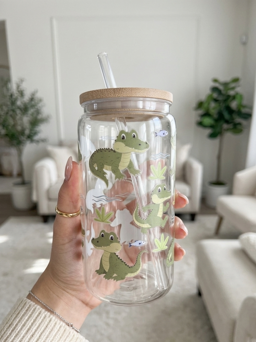 Crocodile Kids Cup with Bamboo Lid & Straw, 16oz