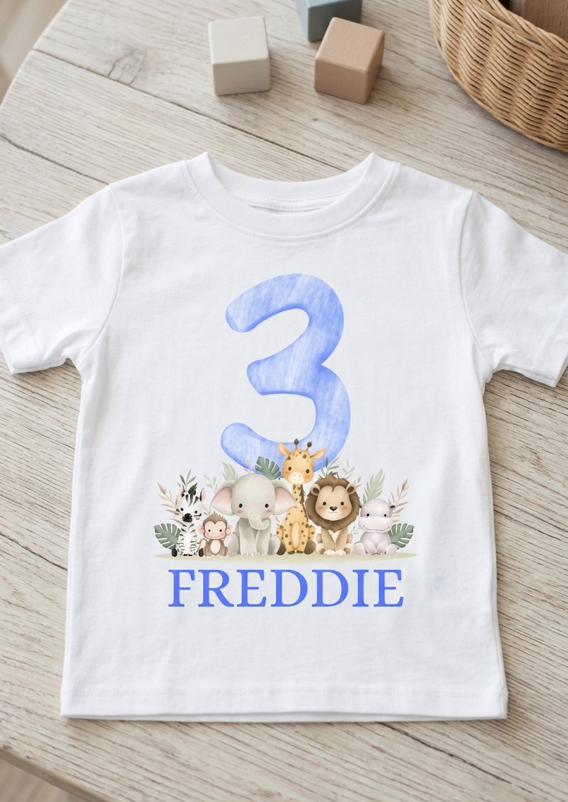 Personalised Boys 1st, 2nd, 3rd Safari Birthday T-Shirt, Custom Name Toddler Birthday Outfit