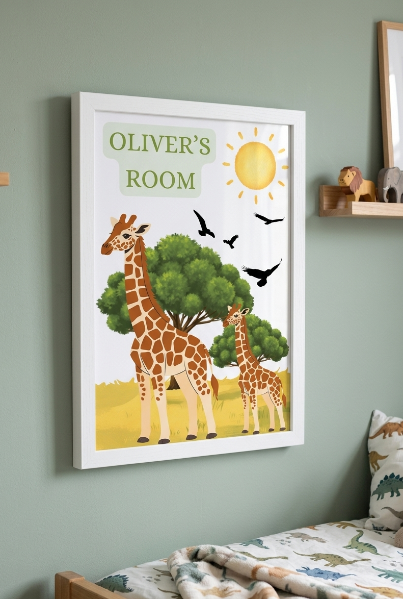 Personalised Boys Giraffe Name Print, Custom Aluminum Bedroom Name Wallart