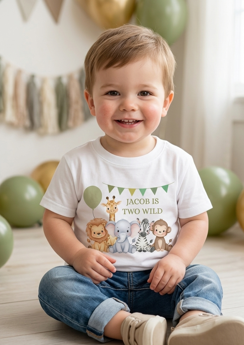 Personalised boys Safari Animal Birthday T-Shirt, Custom Party Outfit, One Two Three