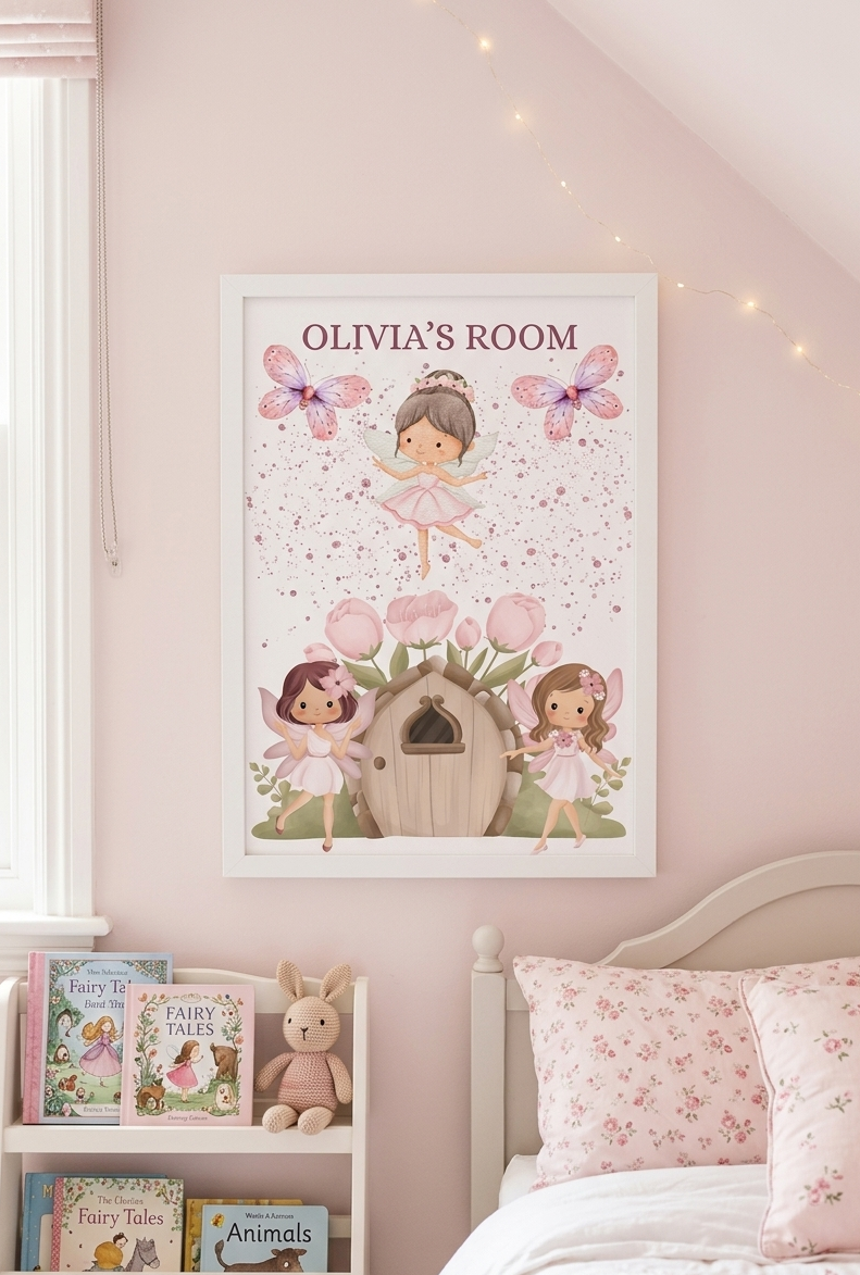 Personalised Girls Name Bedroom Print, Fairy Custom Name Wall Art