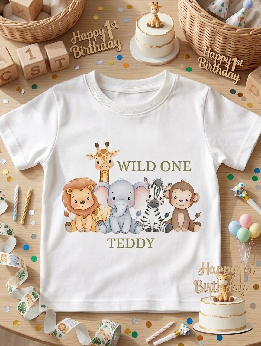 Personalised boys Safari Animal Birthday T-Shirt, Custom Birthday Party Outfit, One Two Three