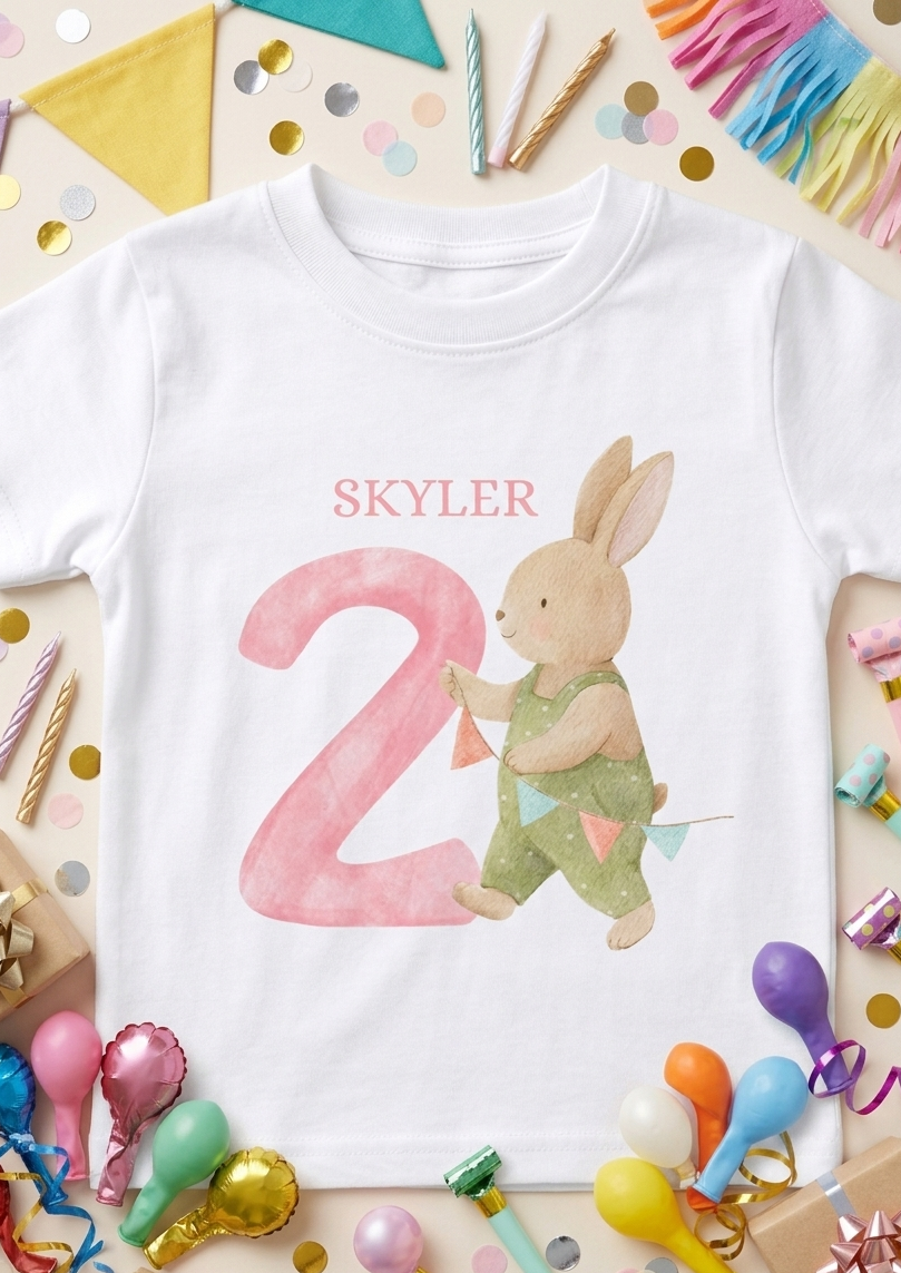 Personalised Bunny Birthday T-Shirt, Girls 1st 2nd 3rd Birthday Party Outfit