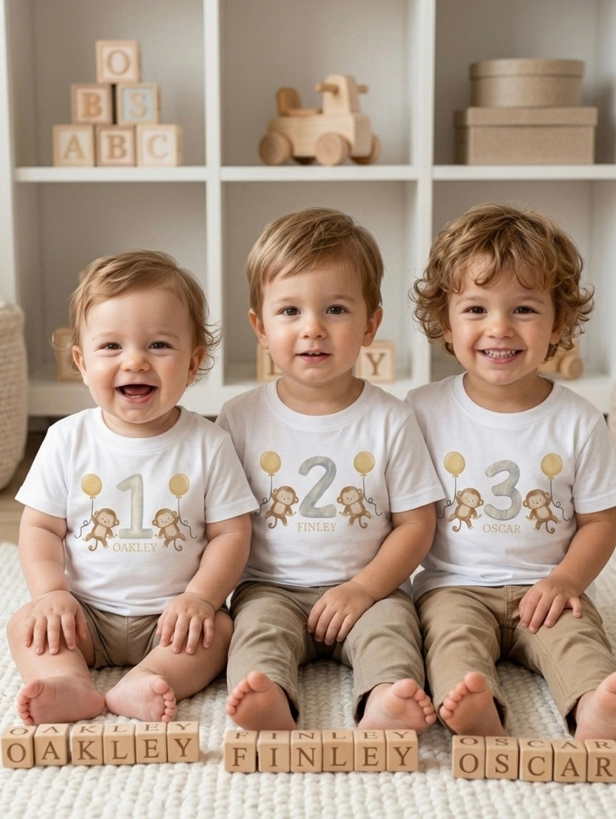 Personalised Boys Monkey Birthday T-shirt, 1st, 2nd, 3rd Birthday Party Outfit