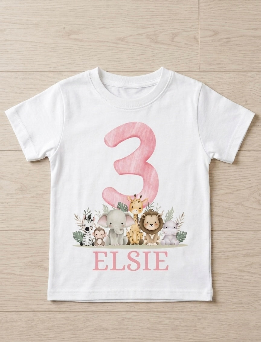 Girls Personalised Safari Birthday T-Shirt, 1st, 2nd and 3rd Name Toddler Birthday outfit