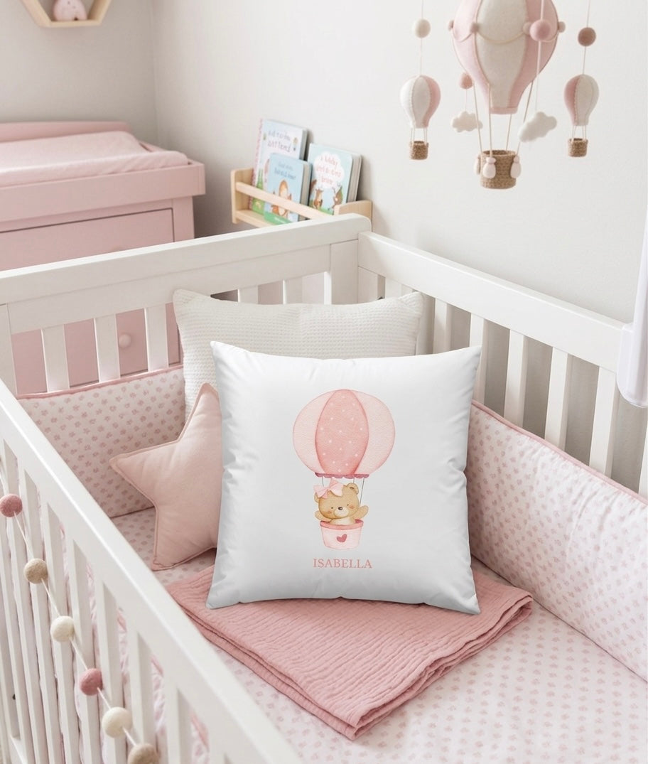 Personalised Girls Boys Name Hot Air balloon Bear Cushion, Nursery Decor pink girls Blue Boys