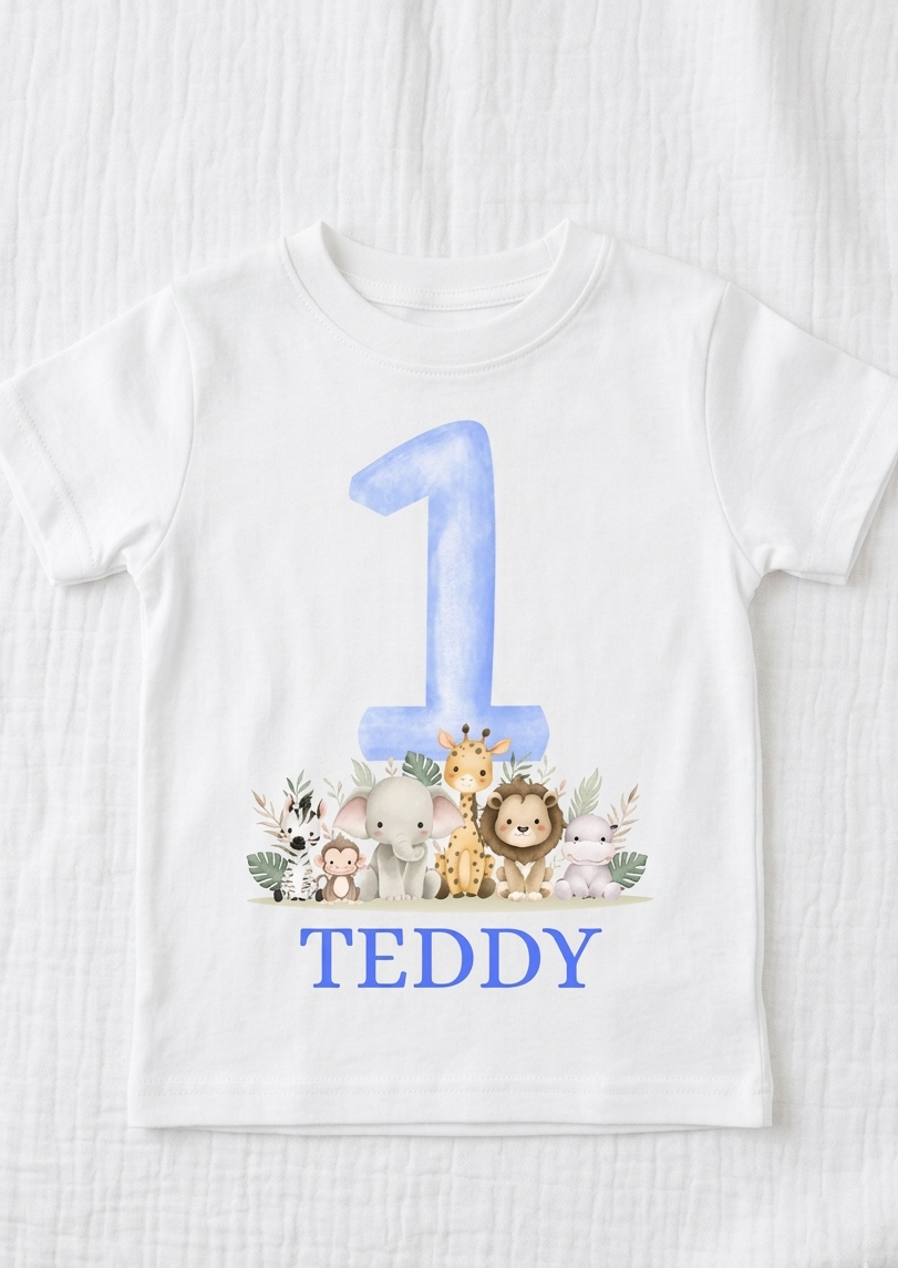 Personalised Boys 1st, 2nd, 3rd Safari Birthday T-Shirt, Custom Name Toddler Birthday Outfit