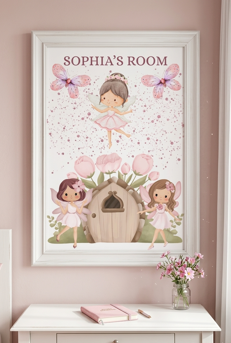 Personalised Girls Name Bedroom Print, Fairy Custom Name Wall Art