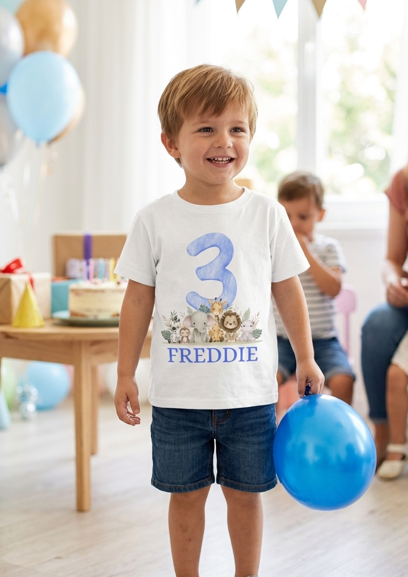 Personalised Boys 1st, 2nd, 3rd Safari Birthday T-Shirt, Custom Name Toddler Birthday Outfit