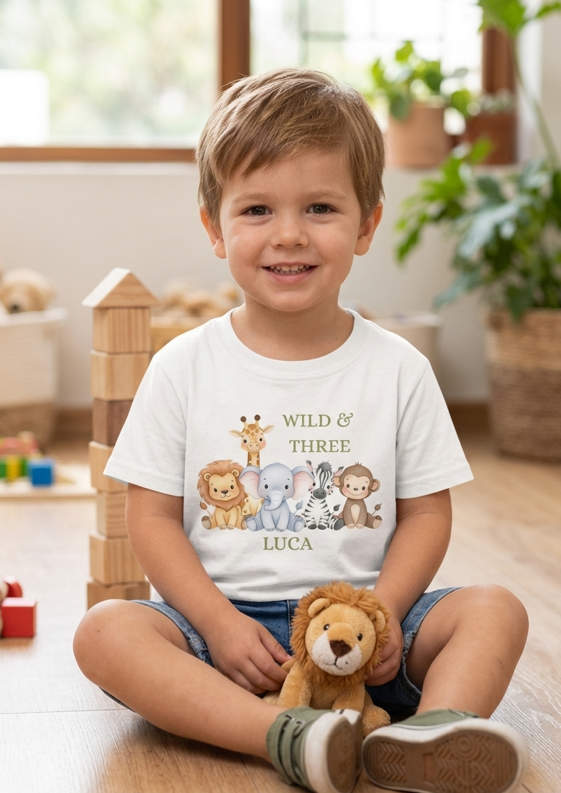 Personalised boys Safari Animal Birthday T-Shirt, Custom Birthday Party Outfit, One Two Three