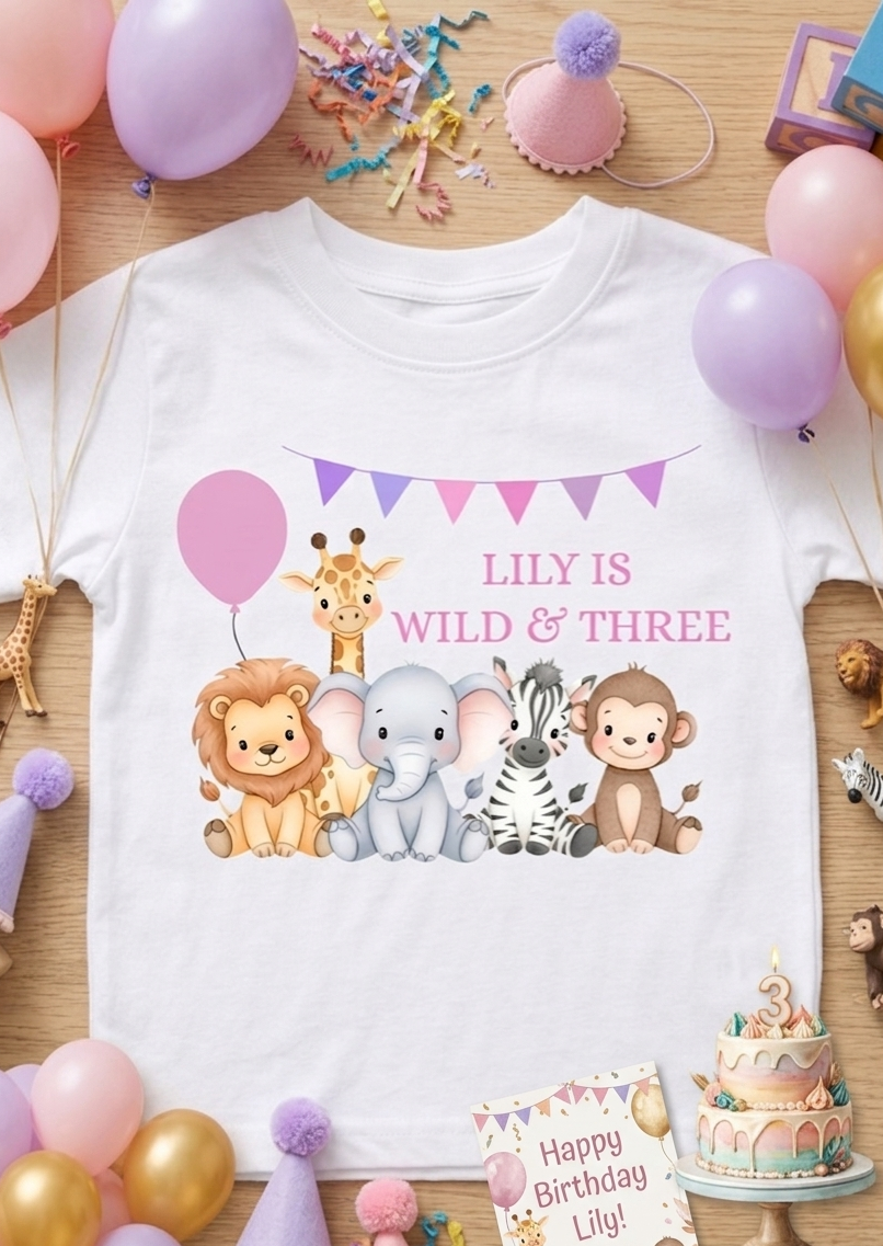 Personalised Girls Safari Animal Birthday T-Shirt, Custom Party Outfit, One Two Three