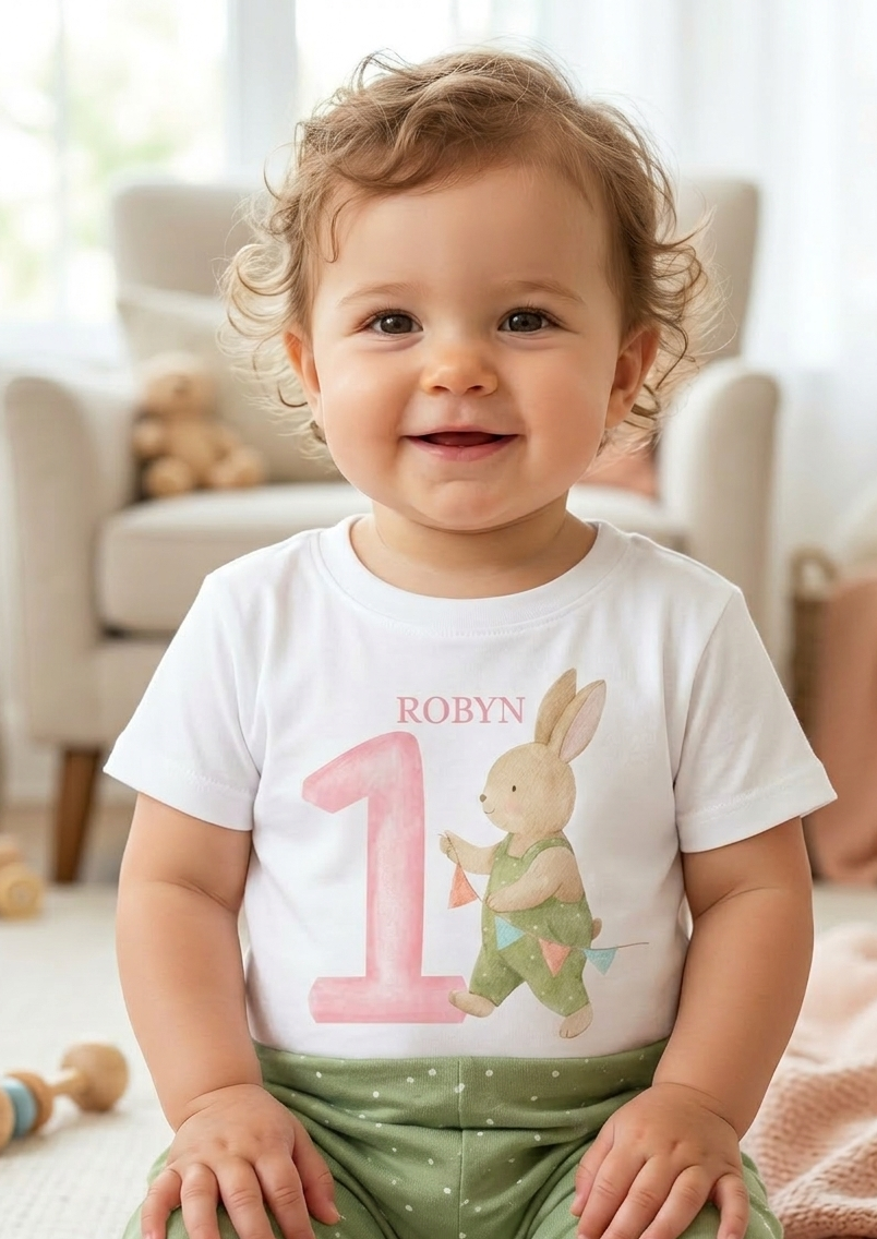 Personalised Bunny Birthday T-Shirt, Girls 1st 2nd 3rd Birthday Party Outfit
