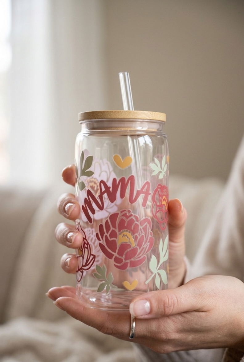 Mama Floral Plastic Cup with Bamboo Lid & Straw, Mother's Day Gift, Birthday Gift, Gifts for her