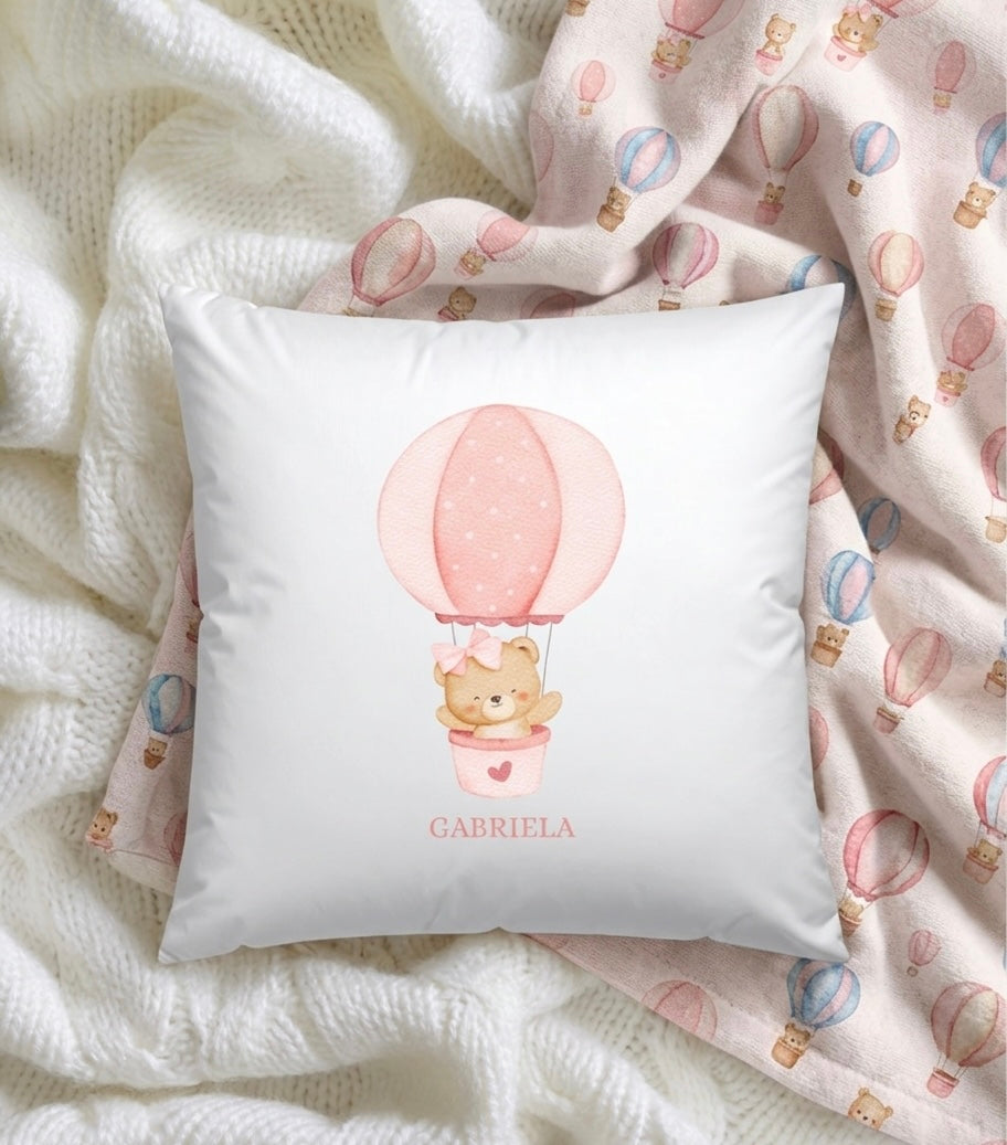 Personalised Girls Boys Name Hot Air balloon Bear Cushion, Nursery Decor pink girls Blue Boys
