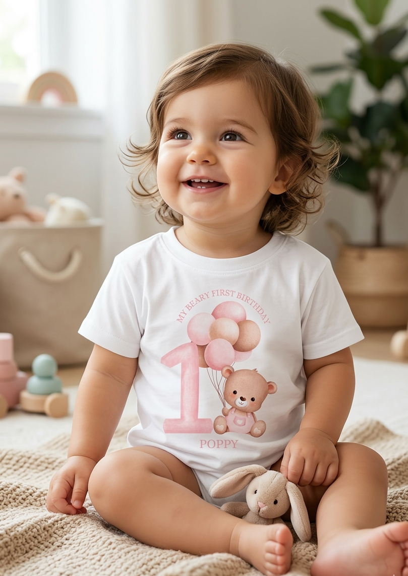 Girls Beary First Birthday T-shirt, Teddy Bear Balloons Birthday Outfit