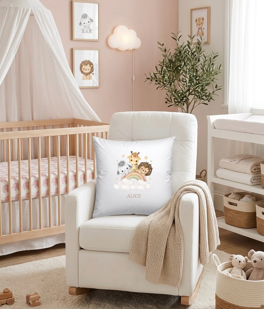 Personalised Name Safari Cushion, Nursery Bedroom Decor, Girls cushion