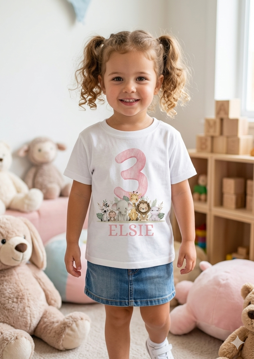 Girls Personalised Safari Birthday T-Shirt, 1st, 2nd and 3rd Name Toddler Birthday outfit