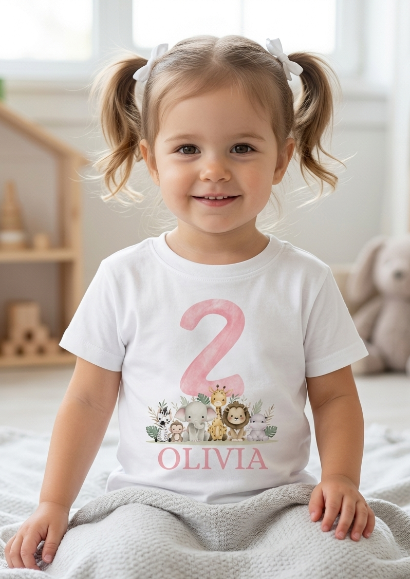 Girls Personalised Safari Birthday T-Shirt, 1st, 2nd and 3rd Name Toddler Birthday outfit