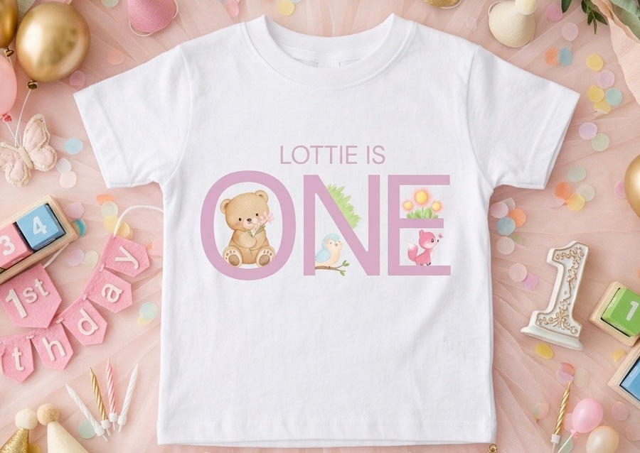 Personalised Girls First, Second Birthday Tshirt, Woodland Animal party Outfit, Girls One Two