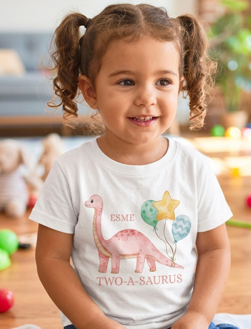 Personalised Girls Dinosaur Birthday T-Shirt, Custom Party Outfit, One Two Three