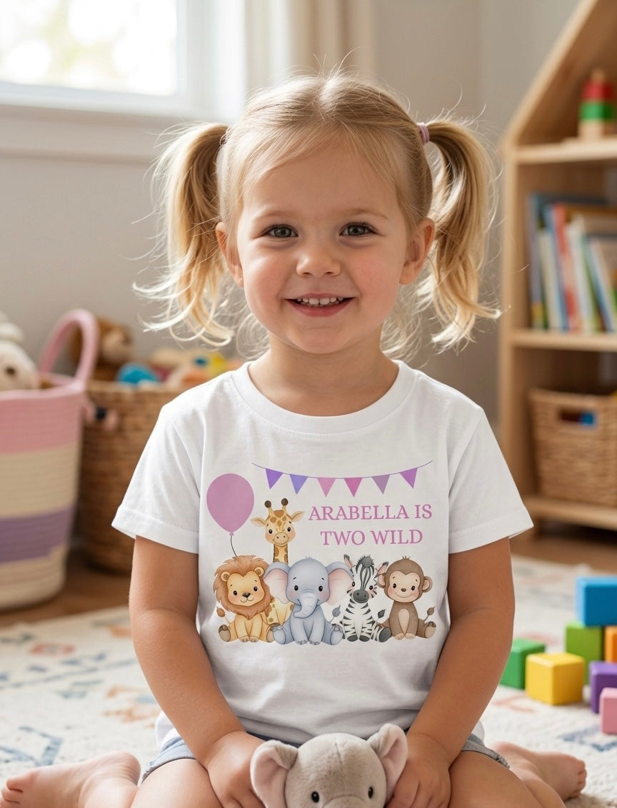 Personalised Girls Safari Animal Birthday T-Shirt, Custom Party Outfit, One Two Three