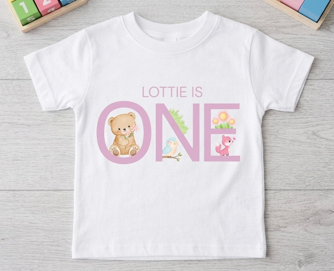 Personalised Girls First, Second Birthday Tshirt, Woodland Animal party Outfit, Girls One Two