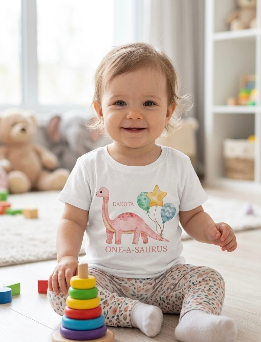 Personalised Girls Dinosaur Birthday T-Shirt, Custom Party Outfit, One Two Three
