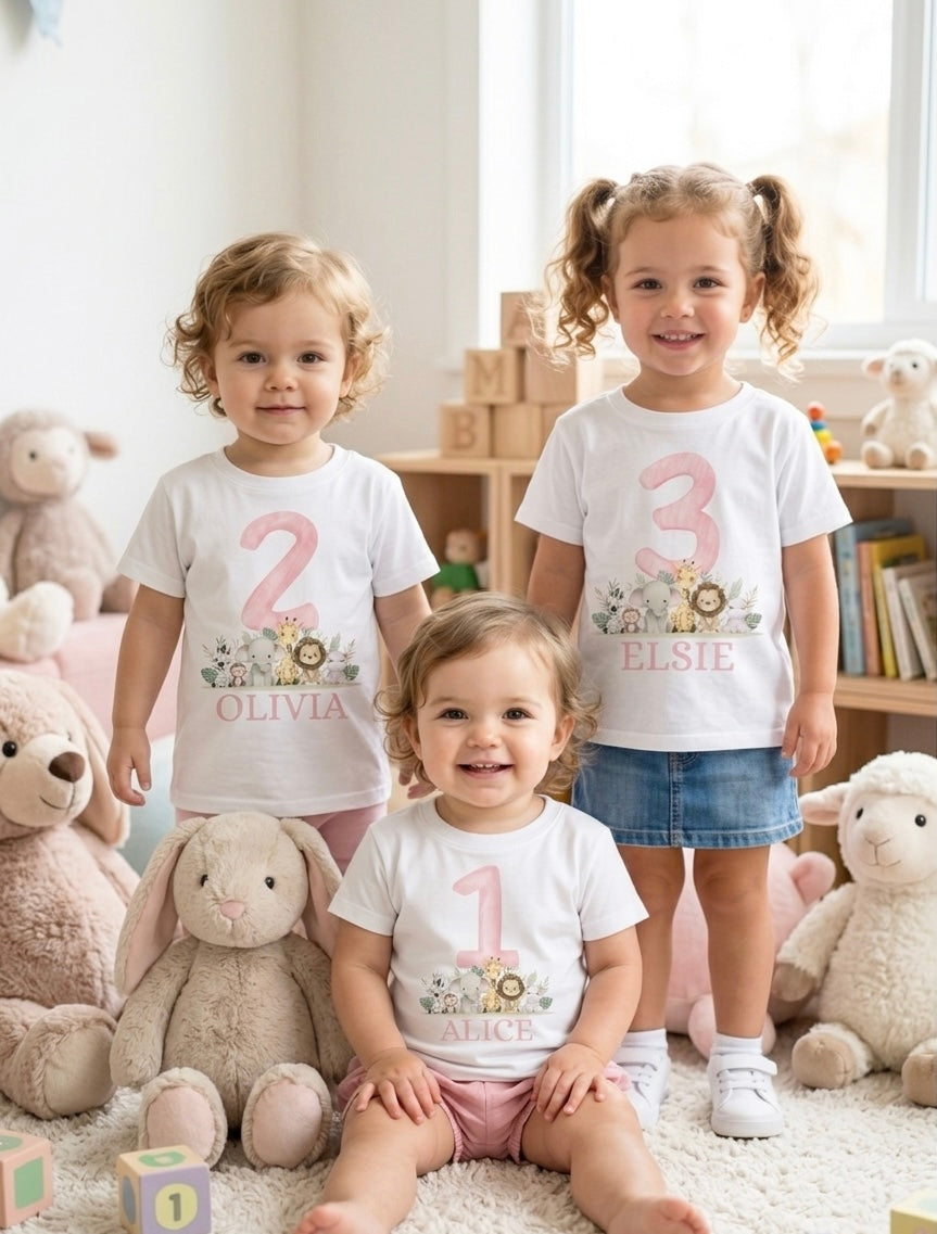 Girls Personalised Safari Birthday T-Shirt, 1st, 2nd and 3rd Name Toddler Birthday outfit