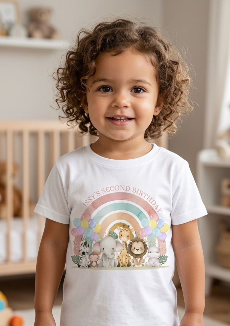 Personalised Safari Animals 1st, 2nd, 3rd Birthday T-Shirt, Custom Toddler Birthday Outfit