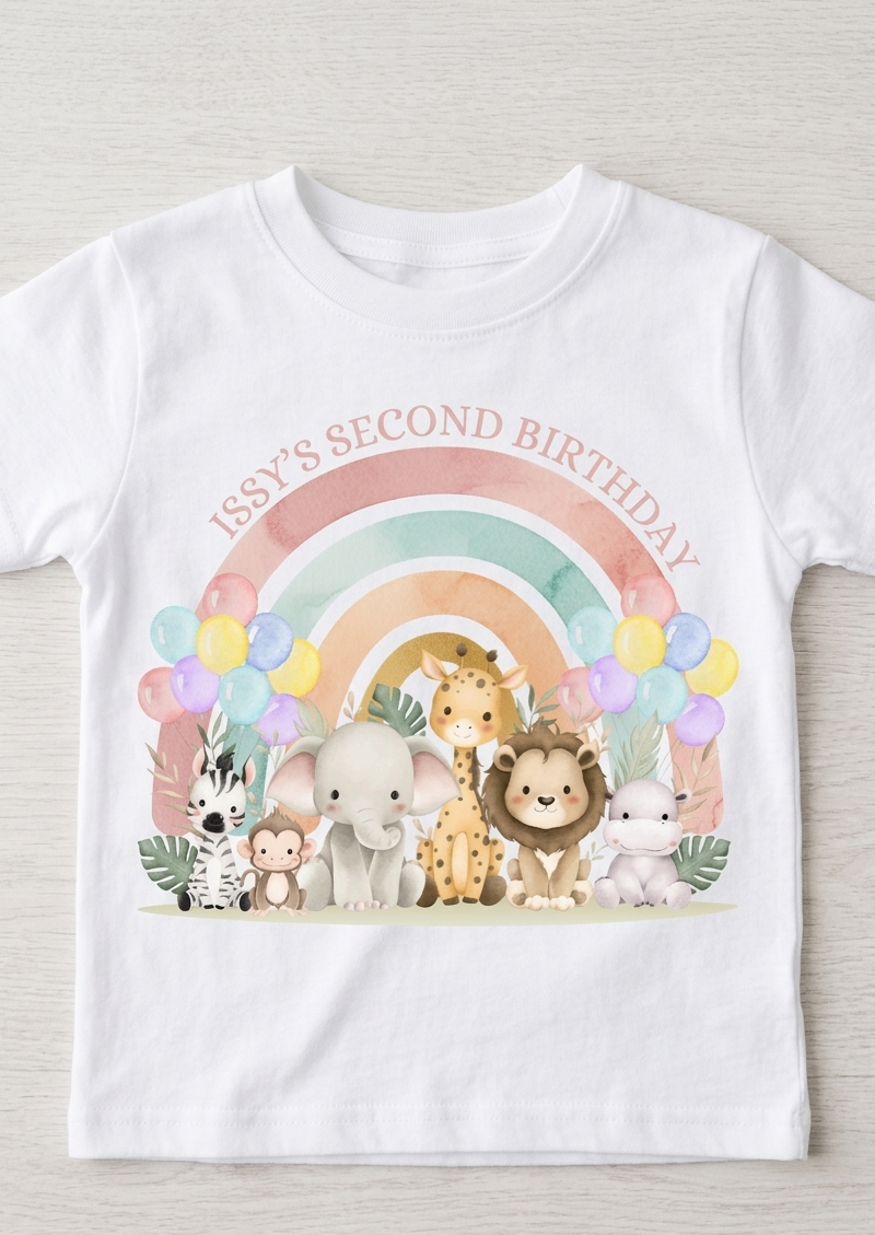 Personalised Safari Animals 1st, 2nd, 3rd Birthday T-Shirt, Custom Toddler Birthday Outfit