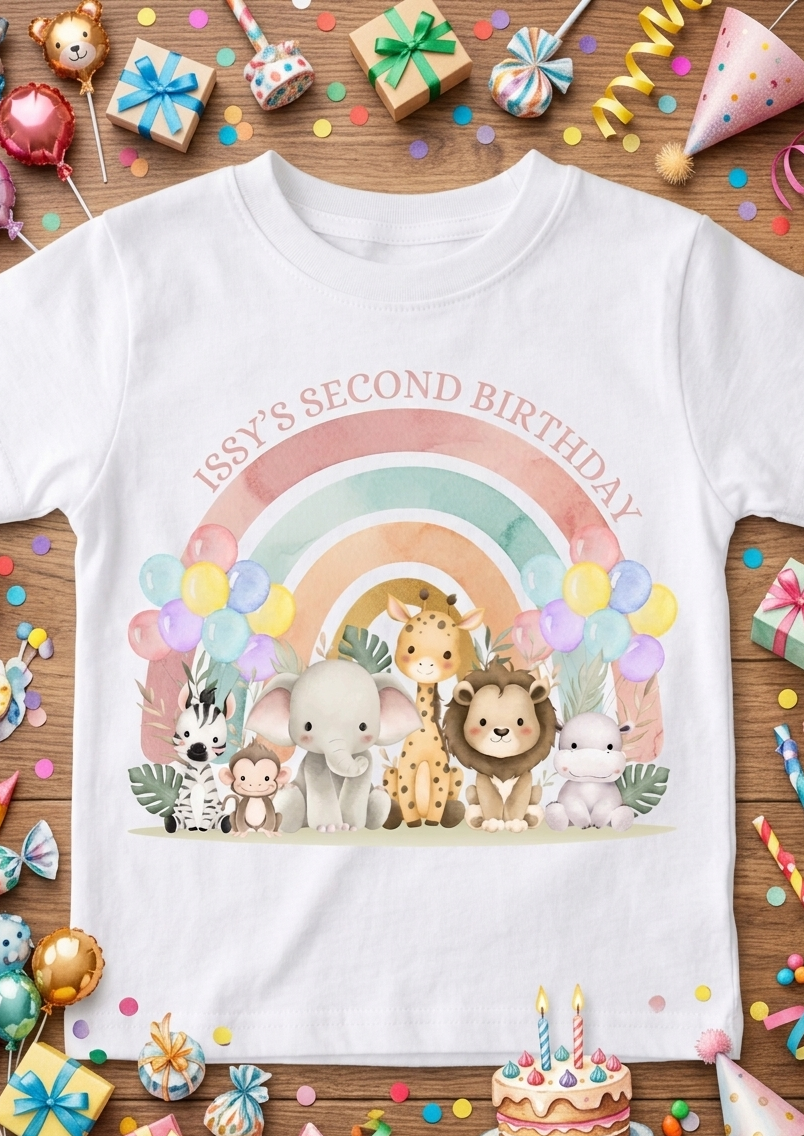 Personalised Safari Animals 1st, 2nd, 3rd Birthday T-Shirt, Custom Toddler Birthday Outfit