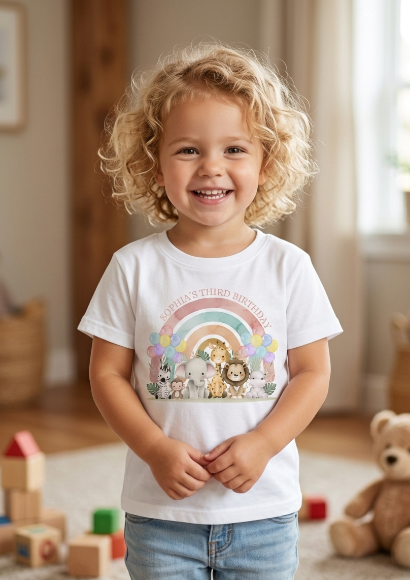 Personalised Safari Animals 1st, 2nd, 3rd Birthday T-Shirt, Custom Toddler Birthday Outfit