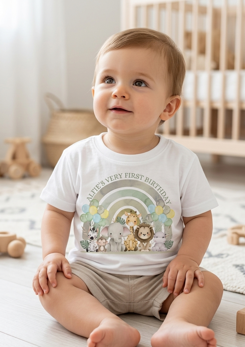Personalised Boys 1st, 2nd 3rd Safari Birthday T-Shirt, Custom Name Toddler Party Outfit
