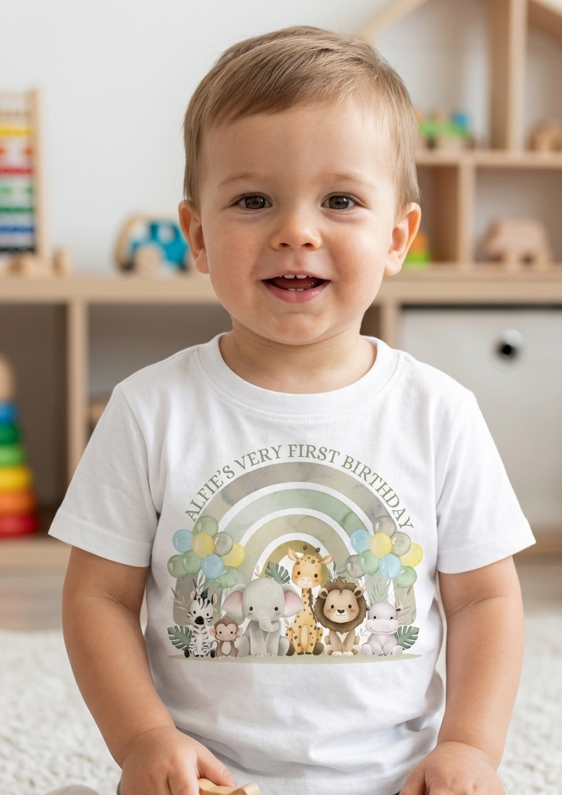 Personalised Boys 1st, 2nd 3rd Safari Birthday T-Shirt, Custom Name Toddler Party Outfit