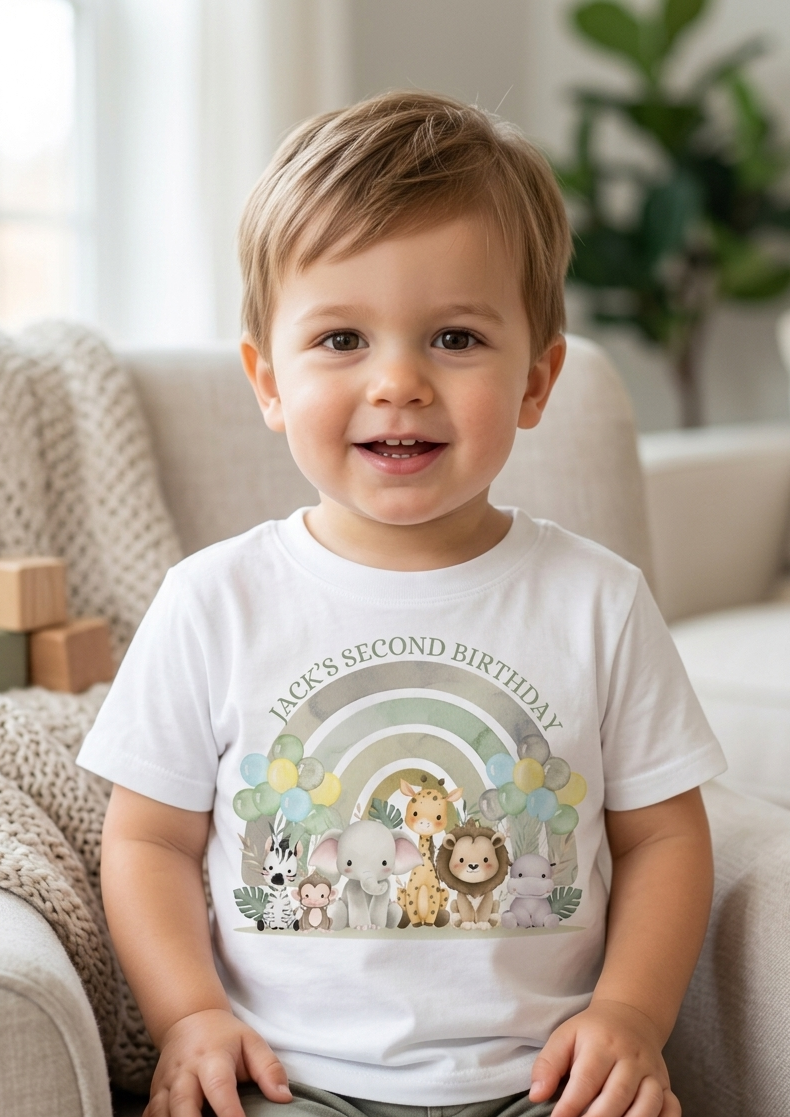 Personalised Boys 1st, 2nd 3rd Safari Birthday T-Shirt, Custom Name Toddler Party Outfit